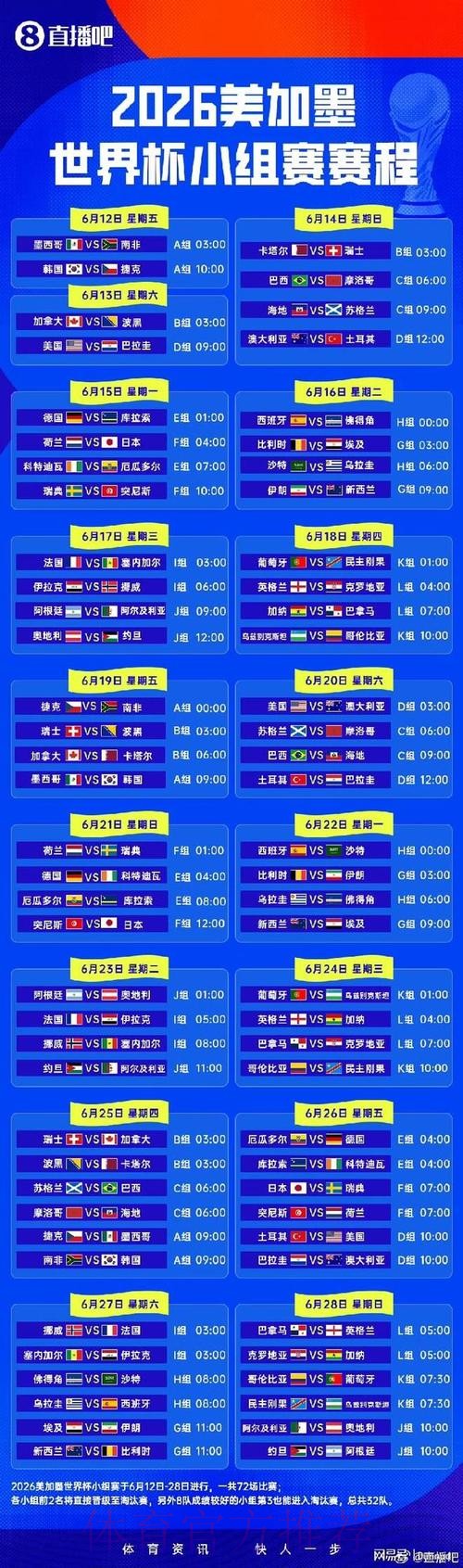 2026世界杯小组赛赛程官方发布全程直播免费观看